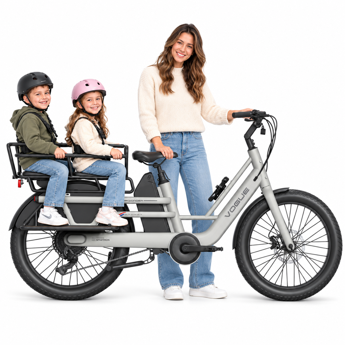 Vogue Wonder Elektrische Longtail Fiets – 2 Kinderen – 960Wh – 65Nm – Hydraulische Remmen Matt Fashion Grey 